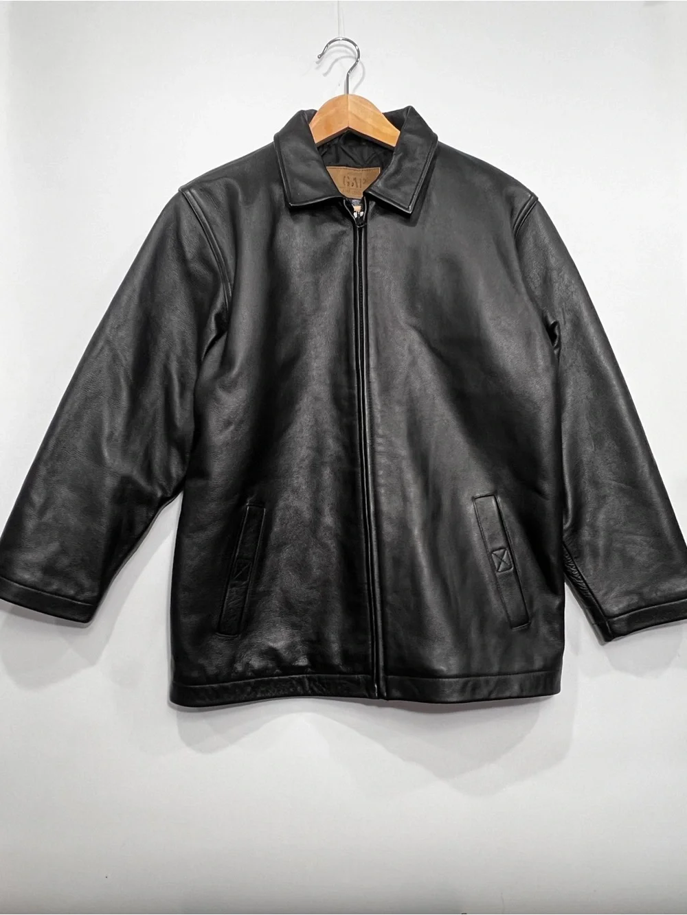 GAP Black Leather Zip Bomber Jacket